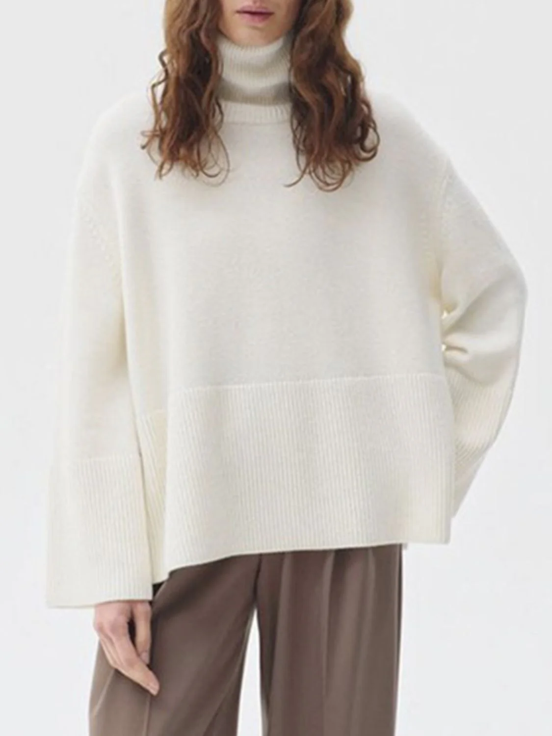 Side Slit Turtleneck Drop Shoulder Sweater - Image 3