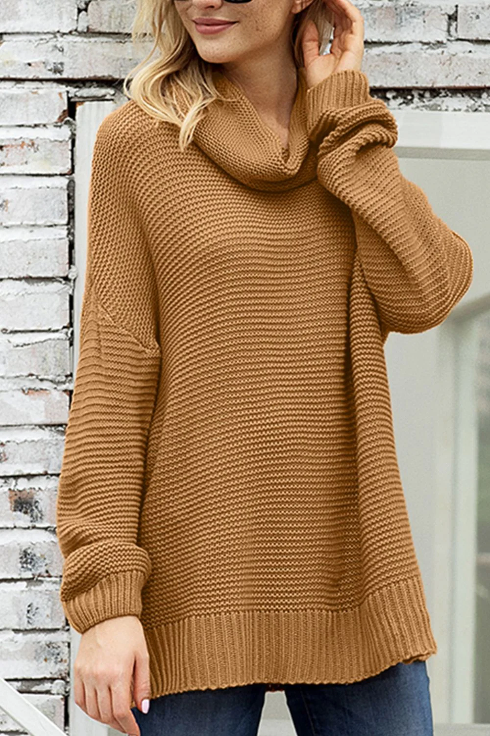 Side Slit Turtleneck Long Sleeve Sweater - Image 2