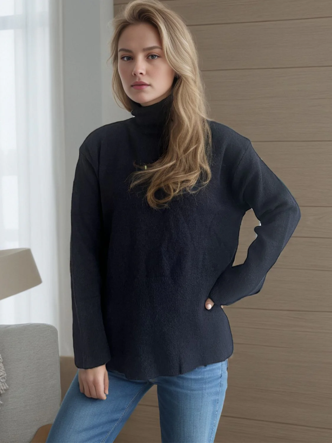 Side Slit Turtleneck Long Sleeve Sweater - Image 11