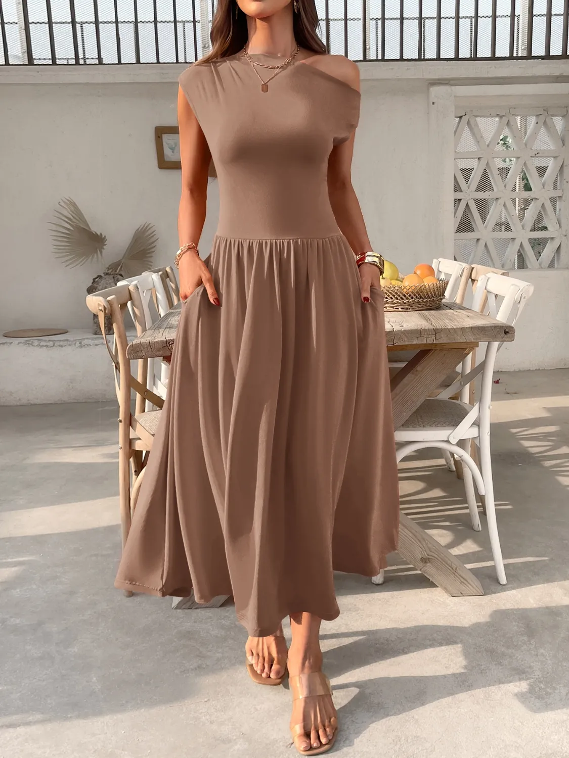 Single Shoulder Midi Dress with Pockets - Image 18