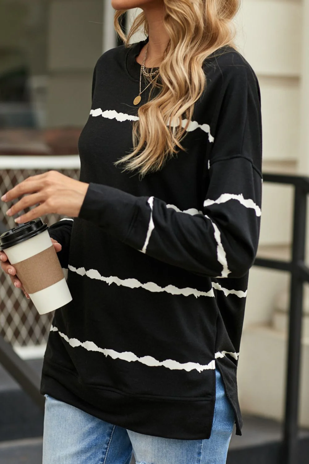 Slit Contrast Striped Round Neck Long Sleeve T-Shirt - Image 2