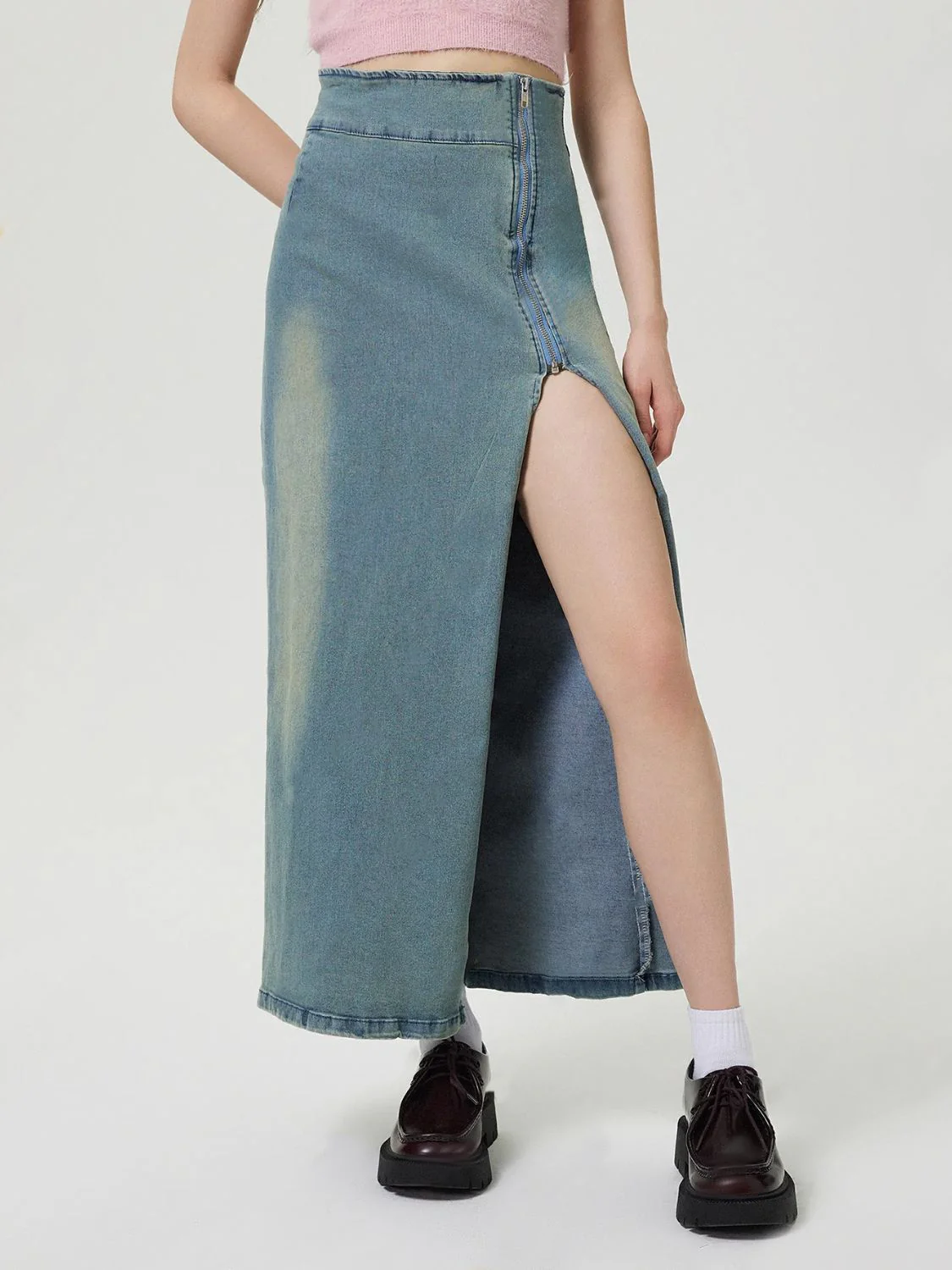 Slit Denim Skirt with Zip - Image 2