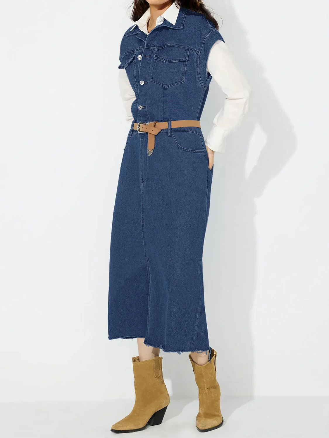 Slit Half Button Collared Neck Cap Sleeve Denim Dress - Image 7