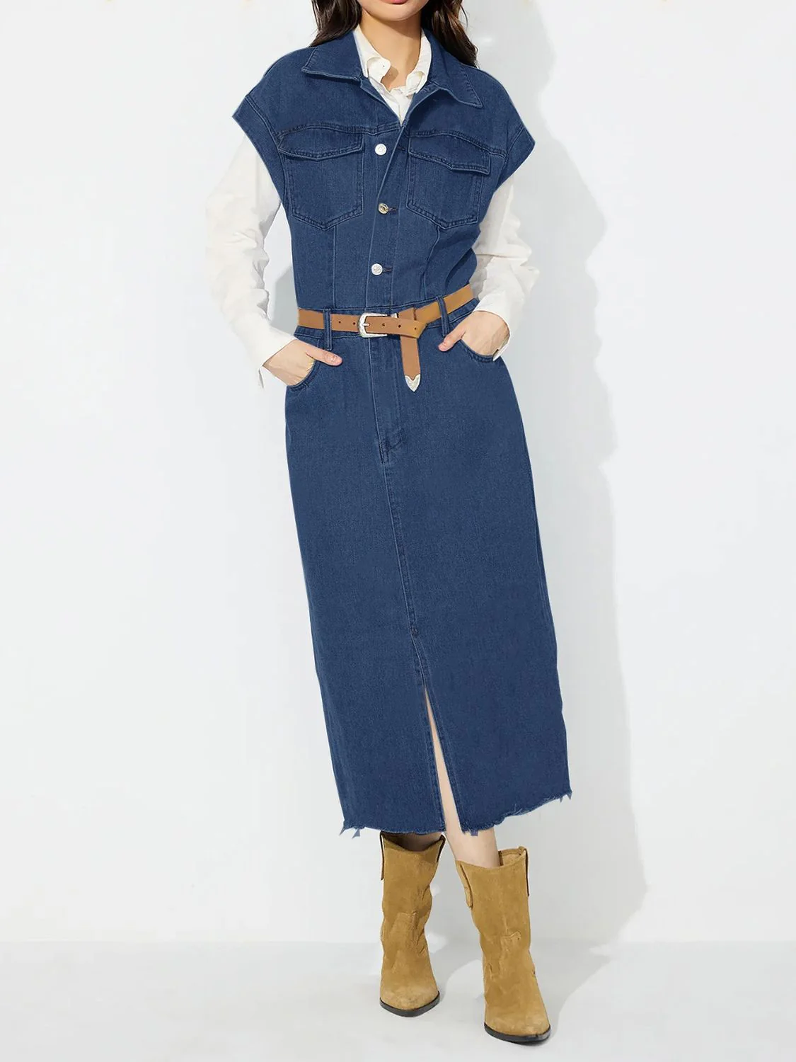 Slit Half Button Collared Neck Cap Sleeve Denim Dress - Image 8