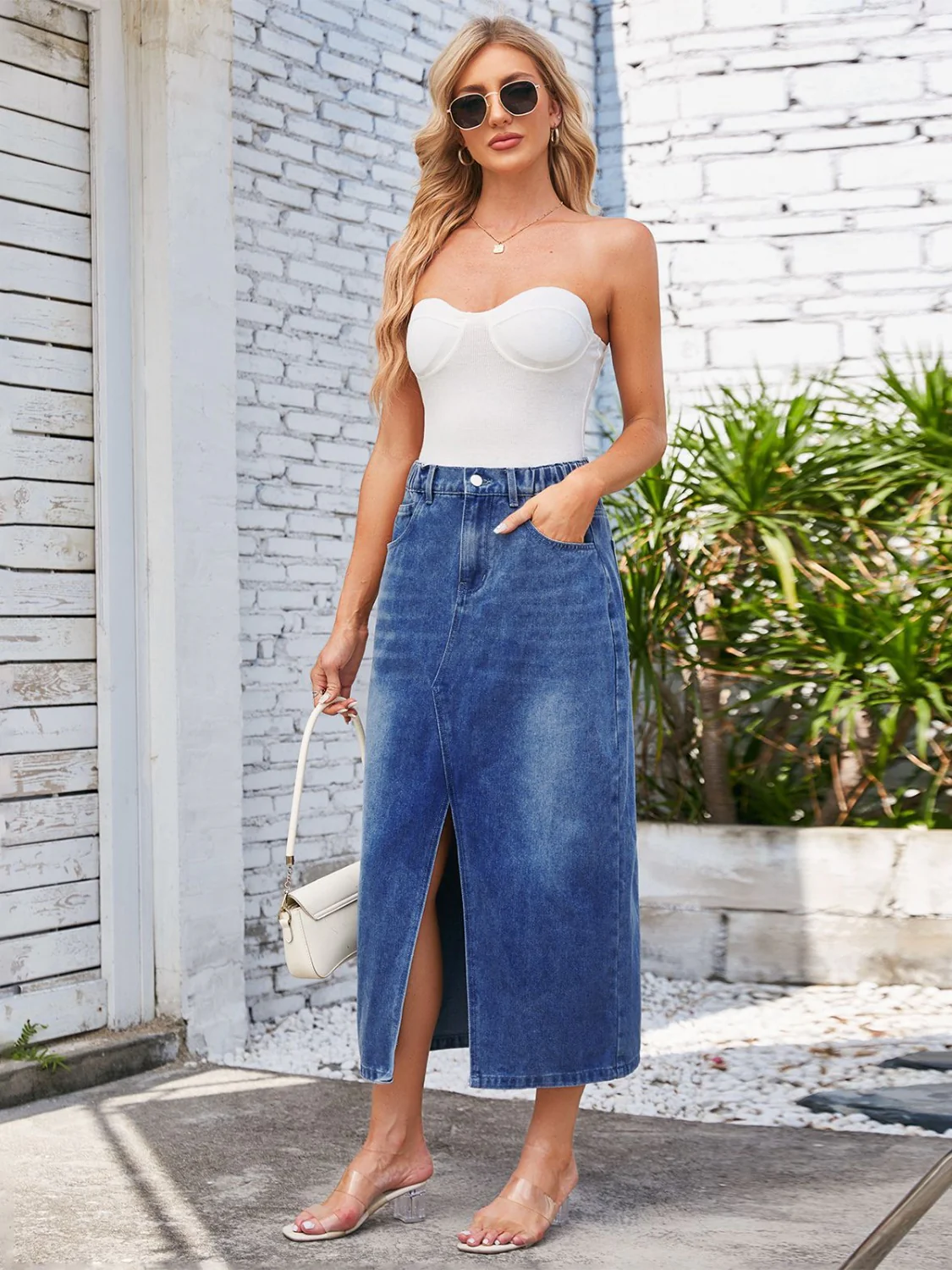 Slit Midi Denim Skirt with Pockets - Image 13