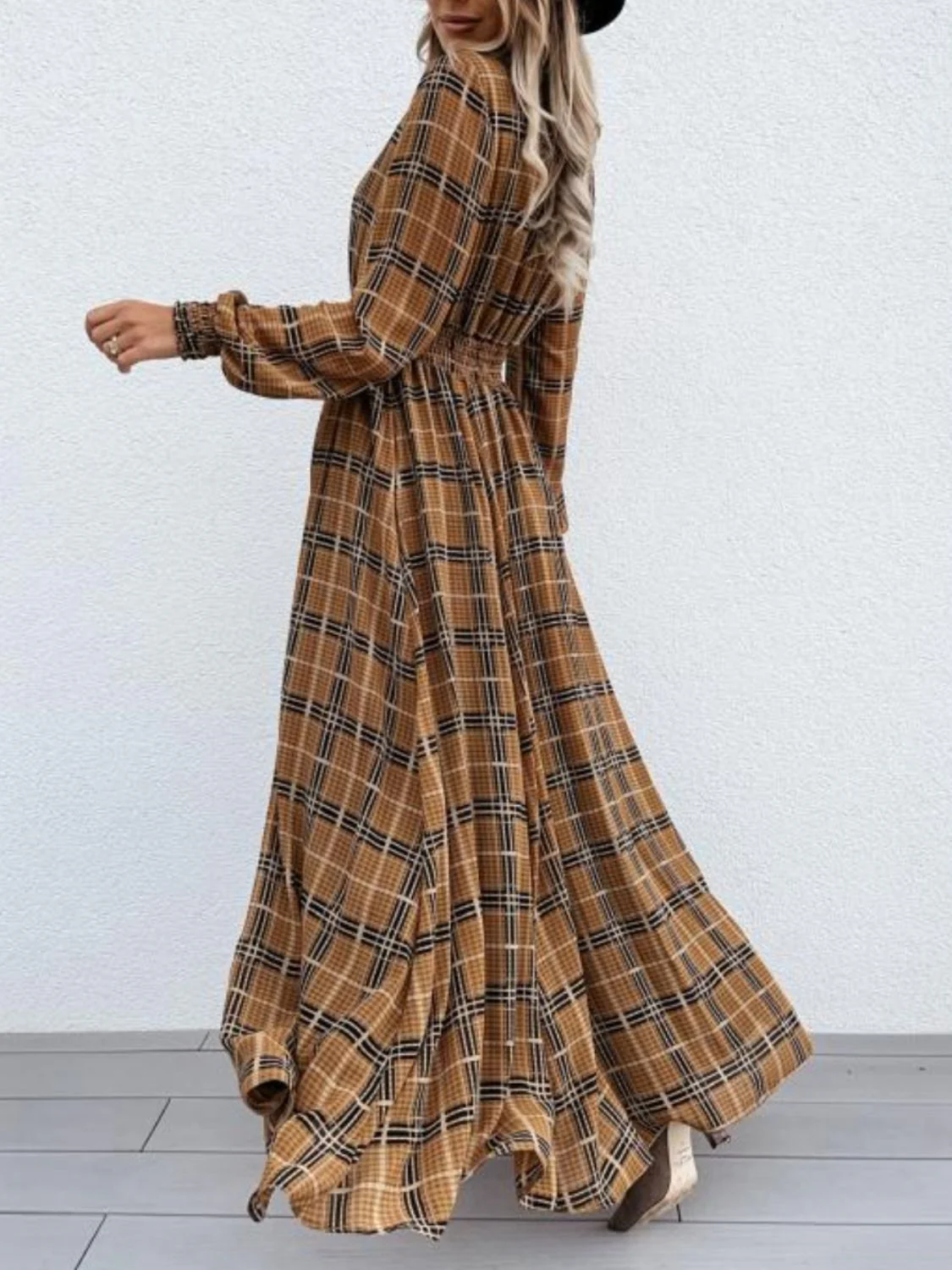 Slit Plaid Tie Neck Long Sleeve Maxi Dress - Image 3