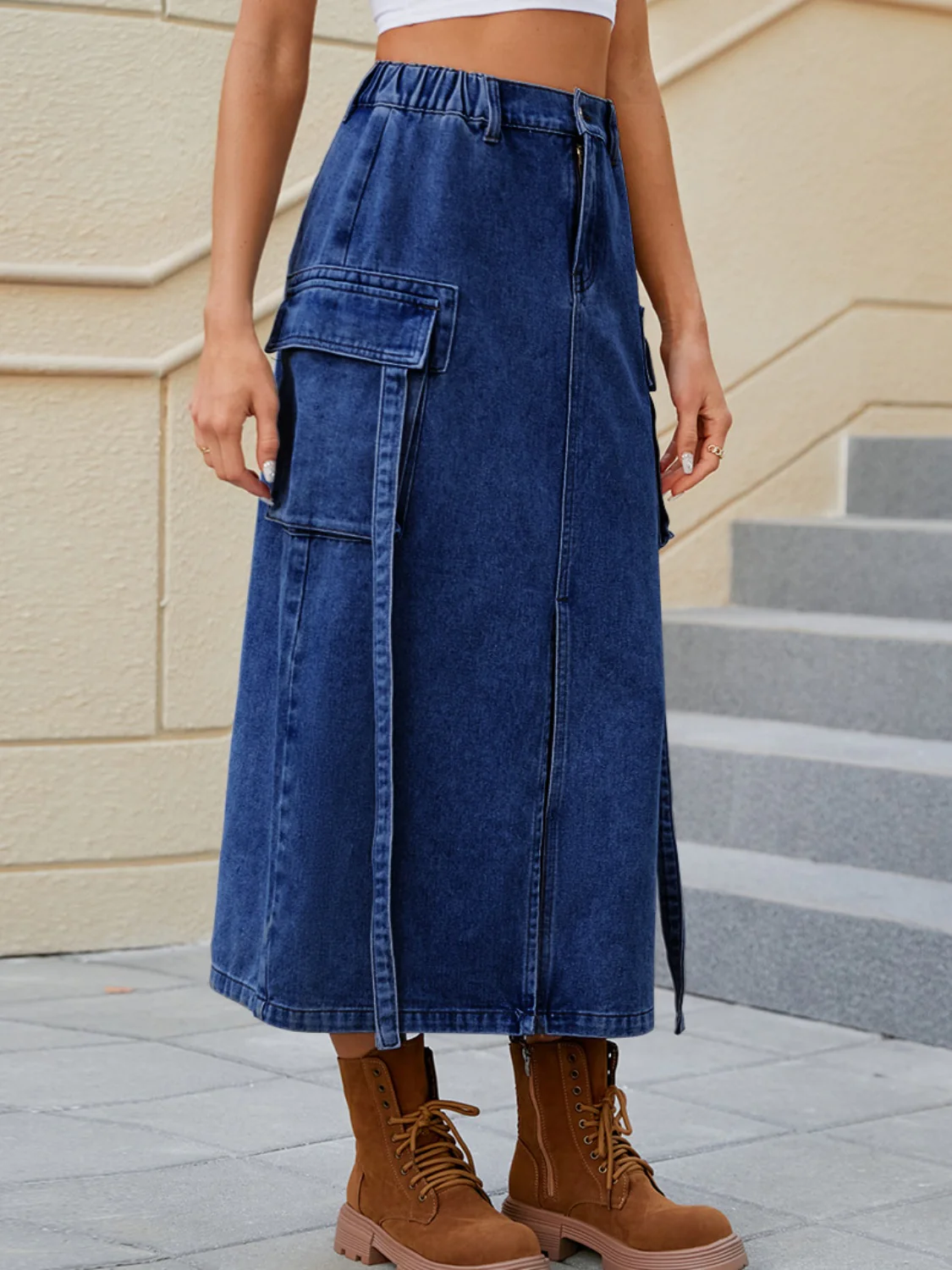 Slit Pocketed High Waist Denim Skirt - Image 4