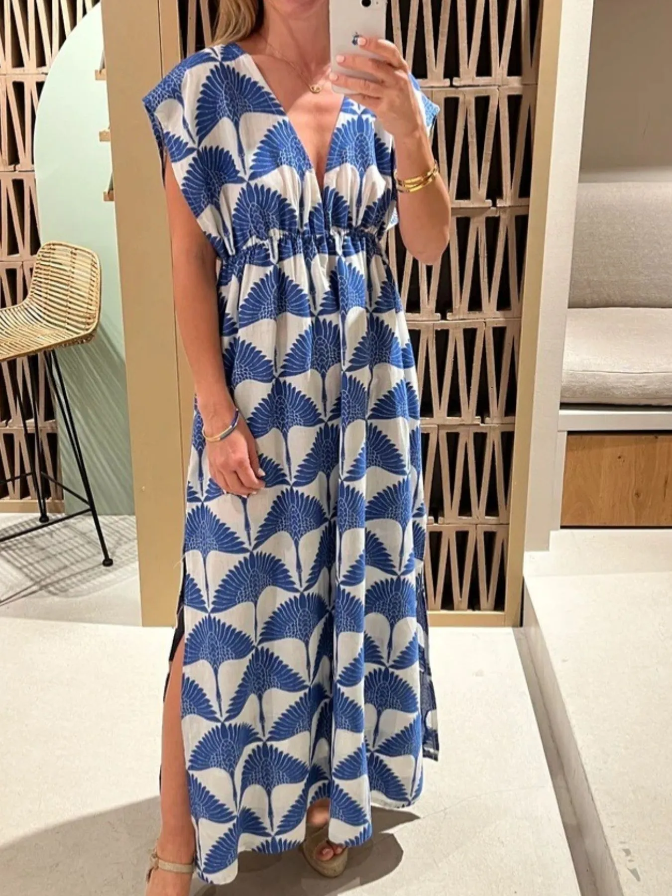 Slit Printed V-Neck Cap Sleeve Maxi Dress - Image 6