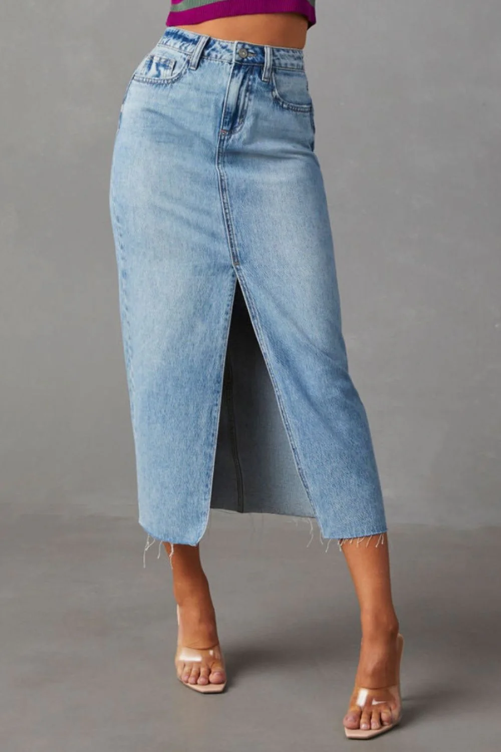 Slit Raw Hem Midi Denim Skirt - Image 4