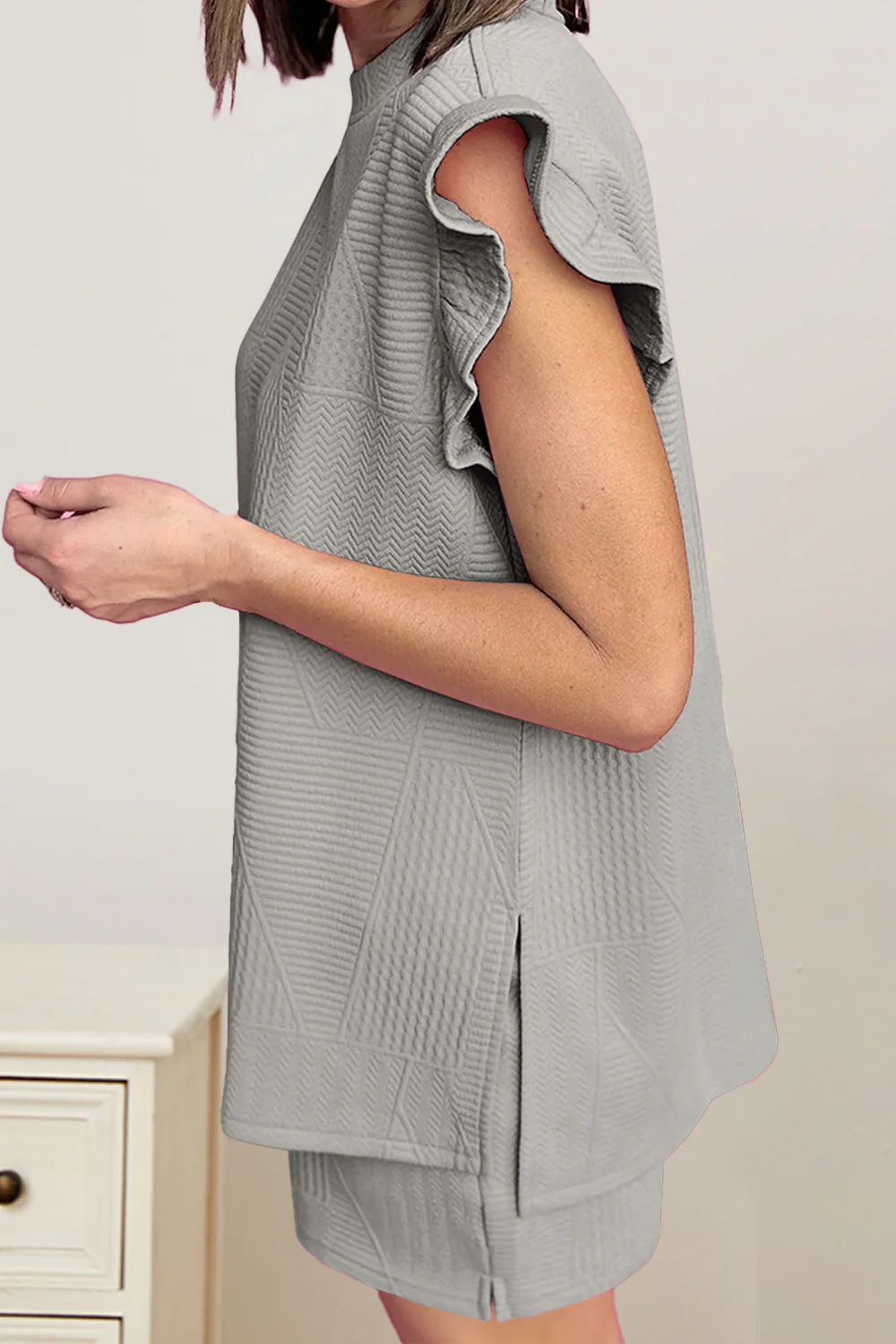 Slit Round Neck Top and Drawstring Shorts Set - Image 2
