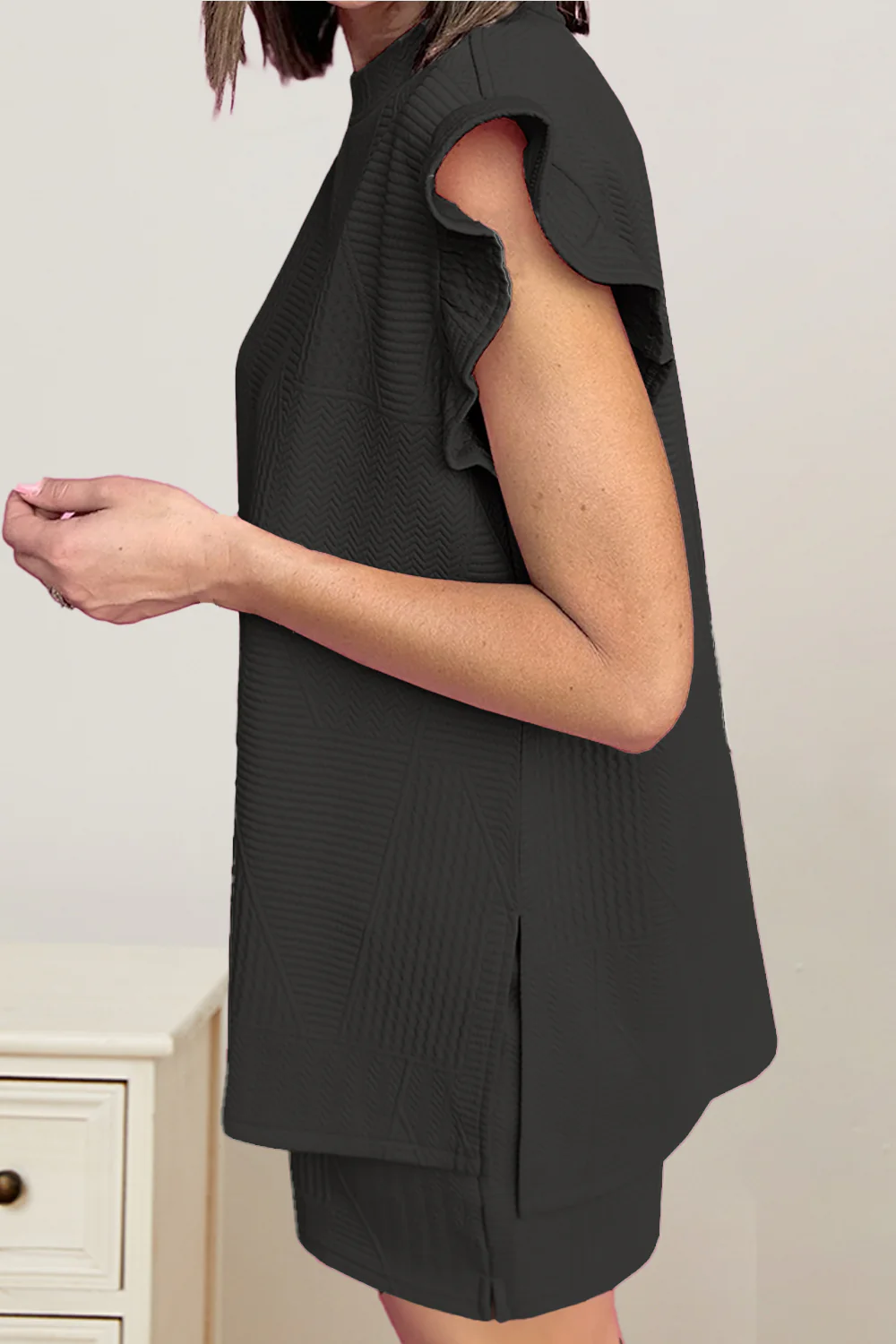 Slit Round Neck Top and Drawstring Shorts Set - Image 6