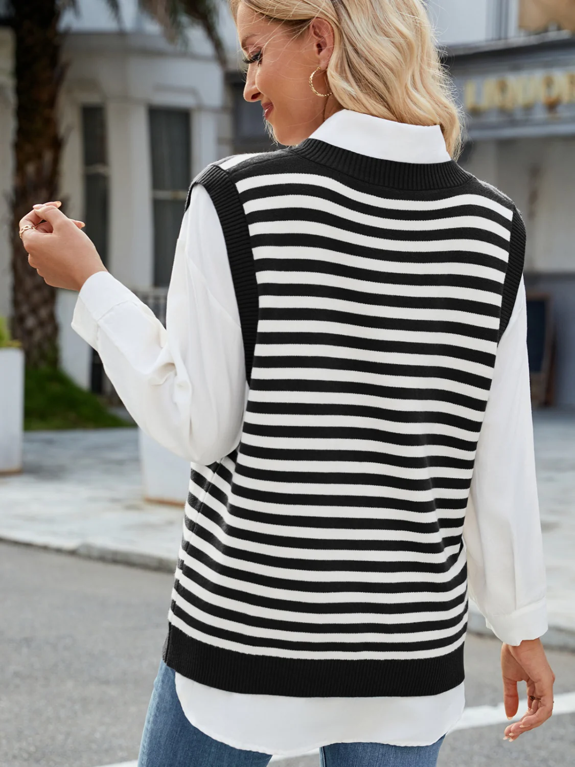 Slit V-Neck Striped Sweater Vest - Image 12