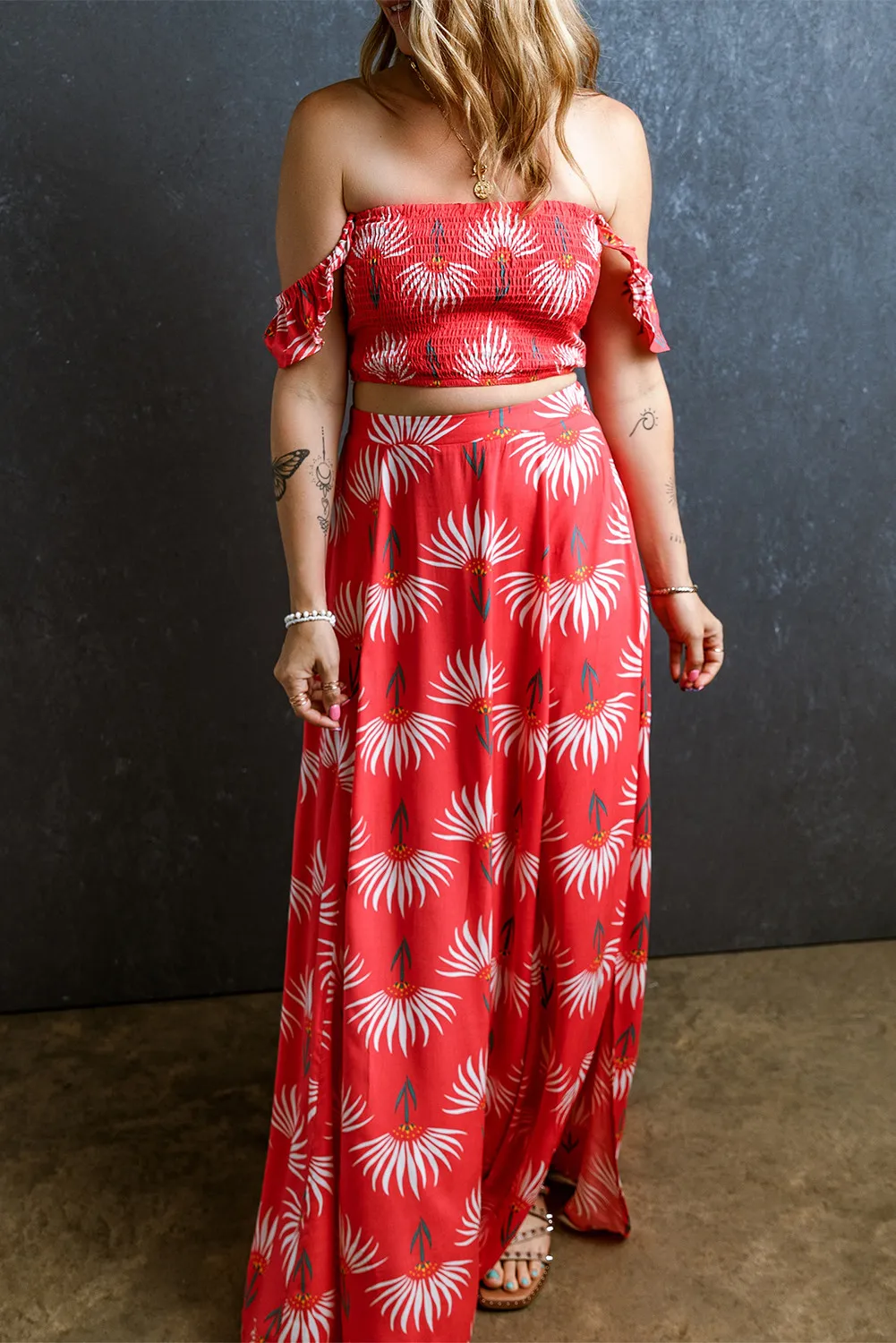 Smocked Off-Shoulder Top and Slit Skirt Set - Image 2