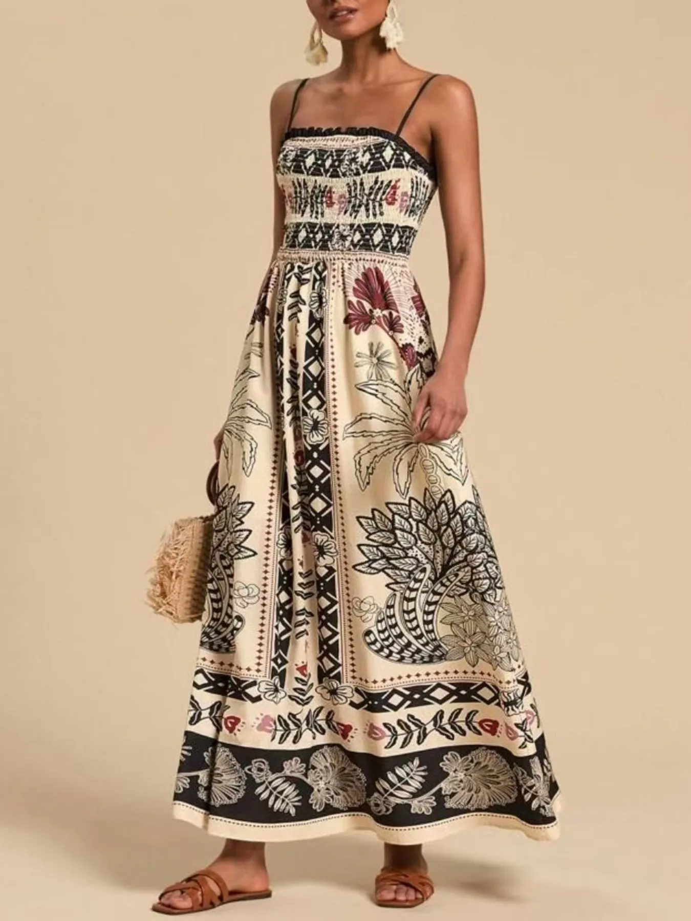 Smocked Printed Spaghetti Strap Maxi Summer Dress - Image 5