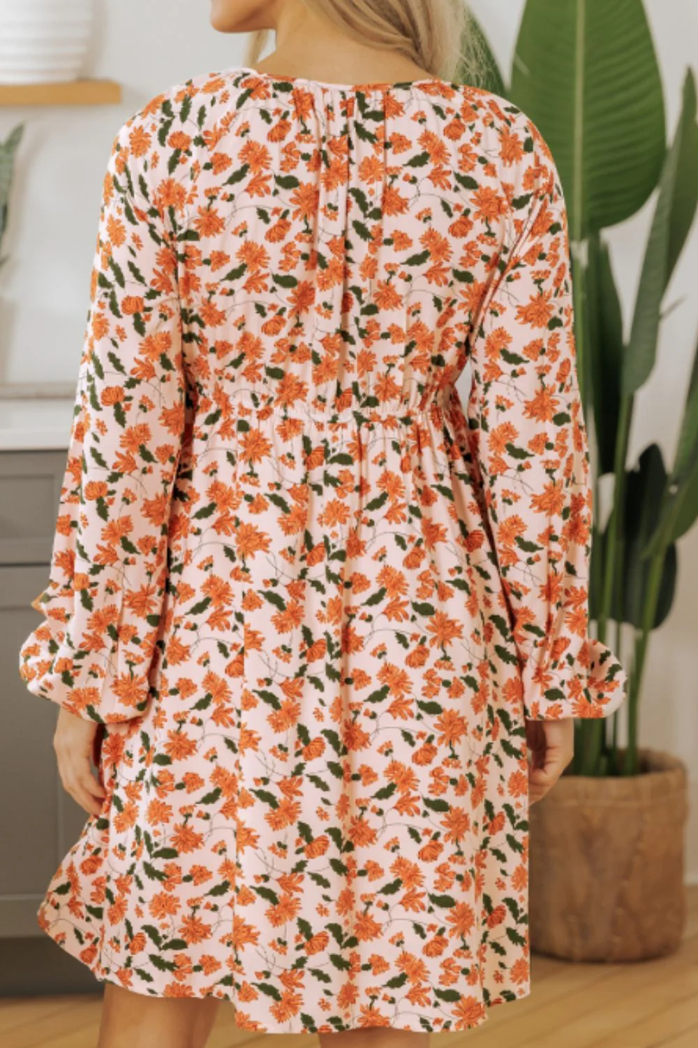 Smocked Printed V-Neck Long Sleeve Dress - Image 5