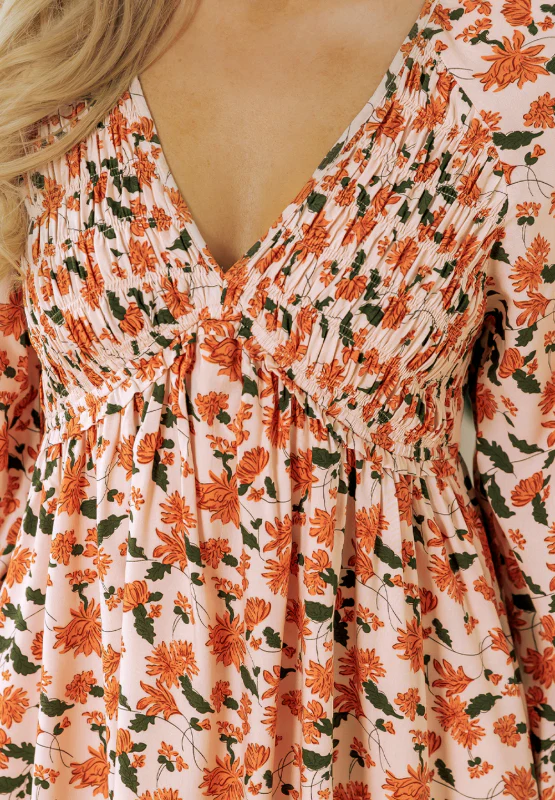 Smocked Printed V-Neck Long Sleeve Dress - Image 6