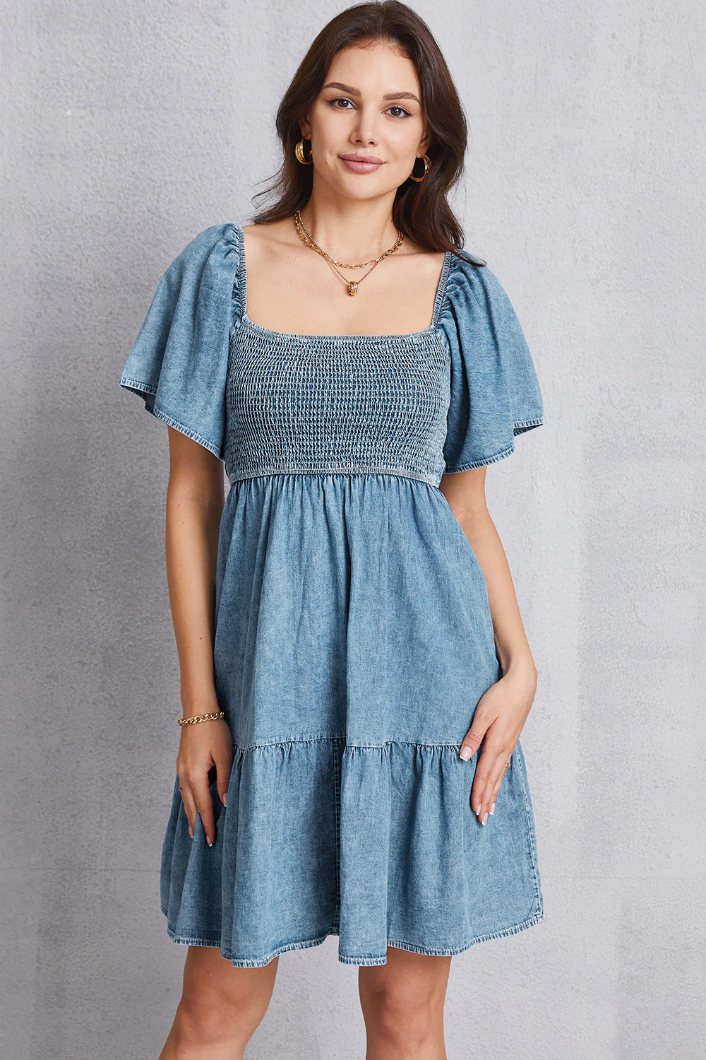 Smocked Square Neck Mini Denim Dress - Image 4