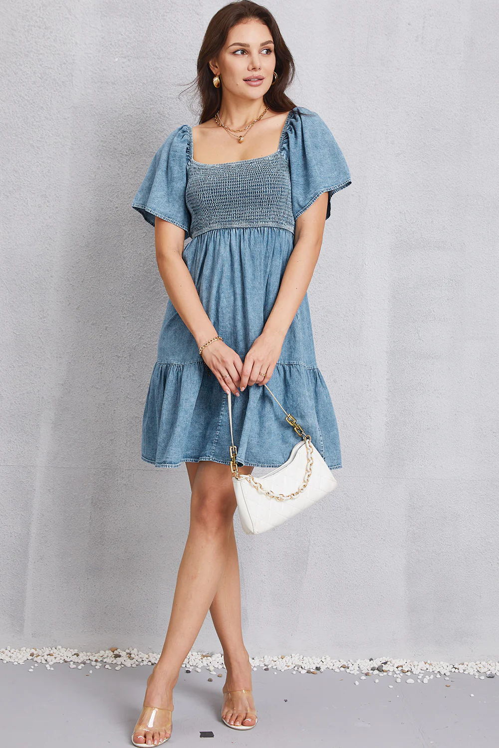 Smocked Square Neck Mini Denim Dress - Image 8