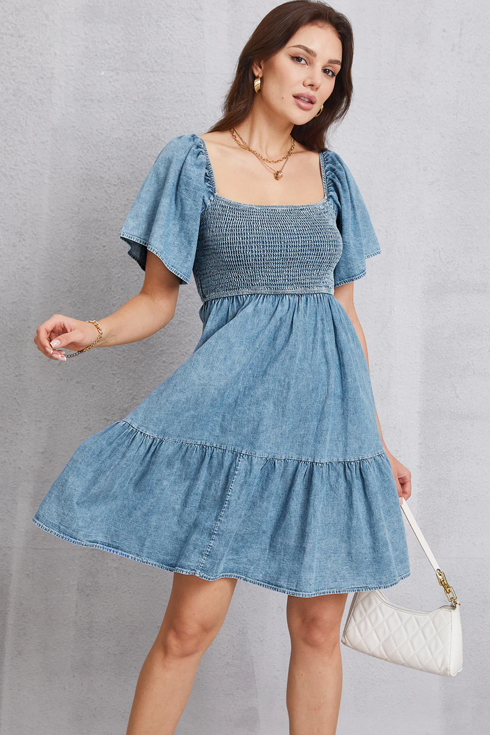 Smocked Square Neck Mini Denim Dress - Image 9