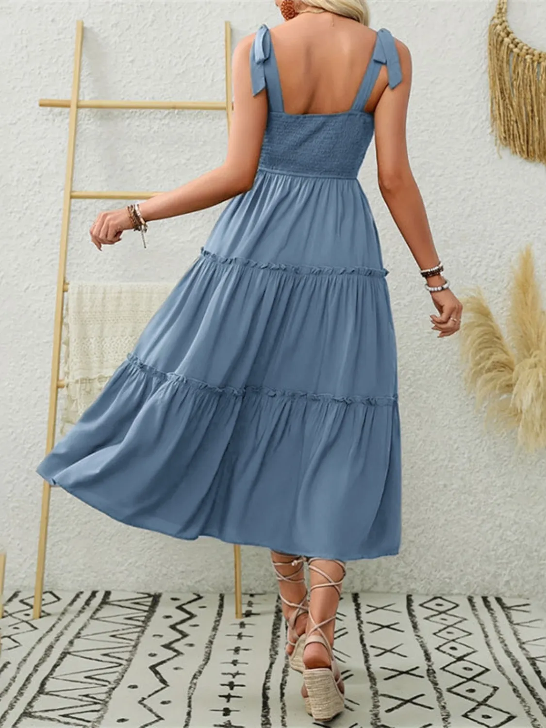 Smocked Tiered Midi Dress with Tie Straps - Image 2
