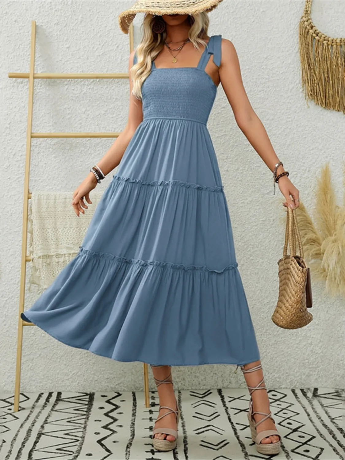 Smocked Tiered Midi Dress with Tie Straps - Image 3