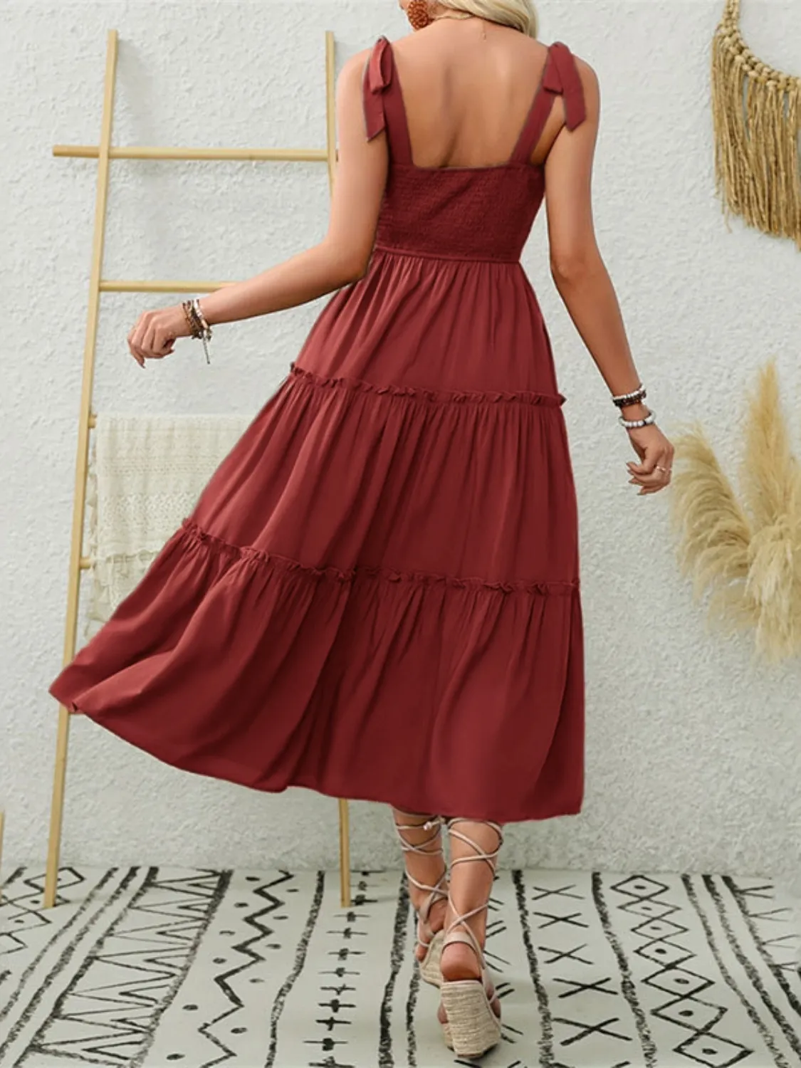 Smocked Tiered Midi Dress with Tie Straps - Image 5