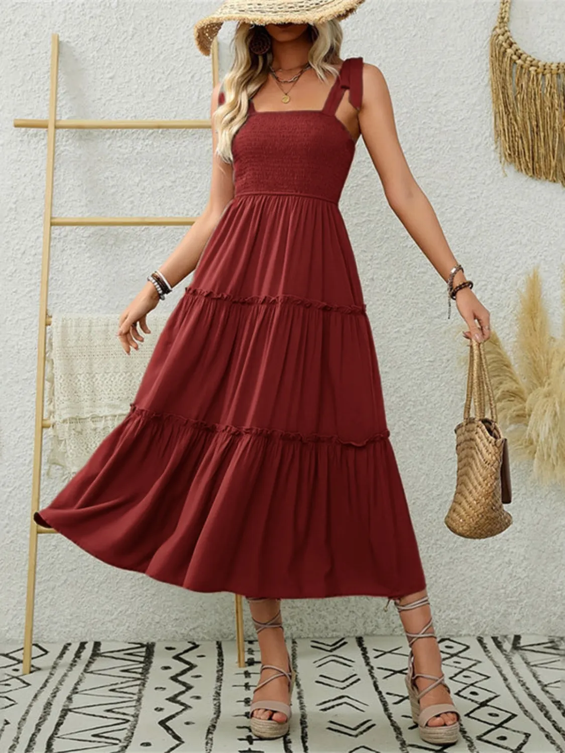 Smocked Tiered Midi Dress with Tie Straps - Image 6