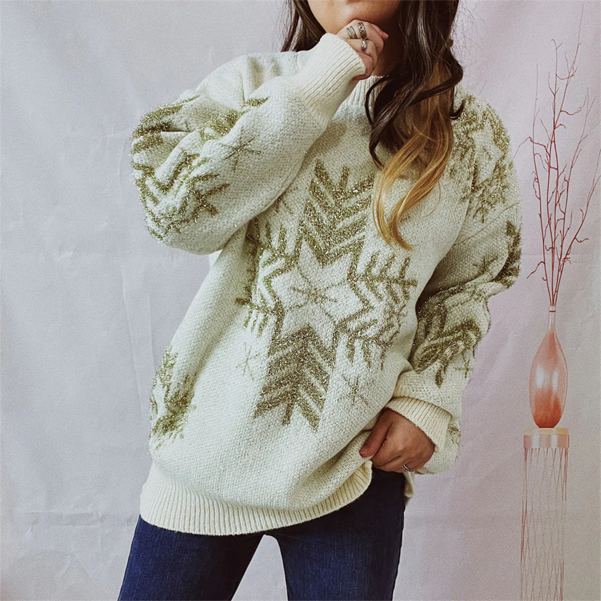 Snowflake Pattern Long Sleeve Sweater - Image 8