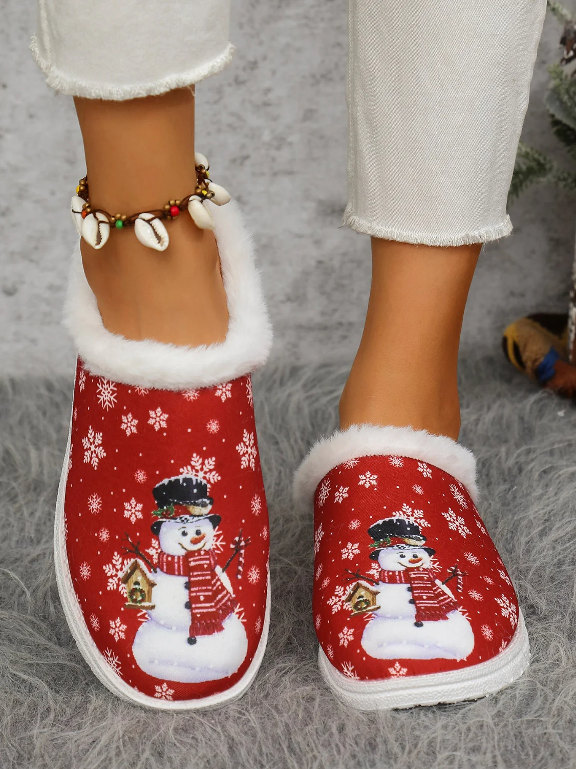 Snowman Print Flat Slippers with Faux Fur - Image 8