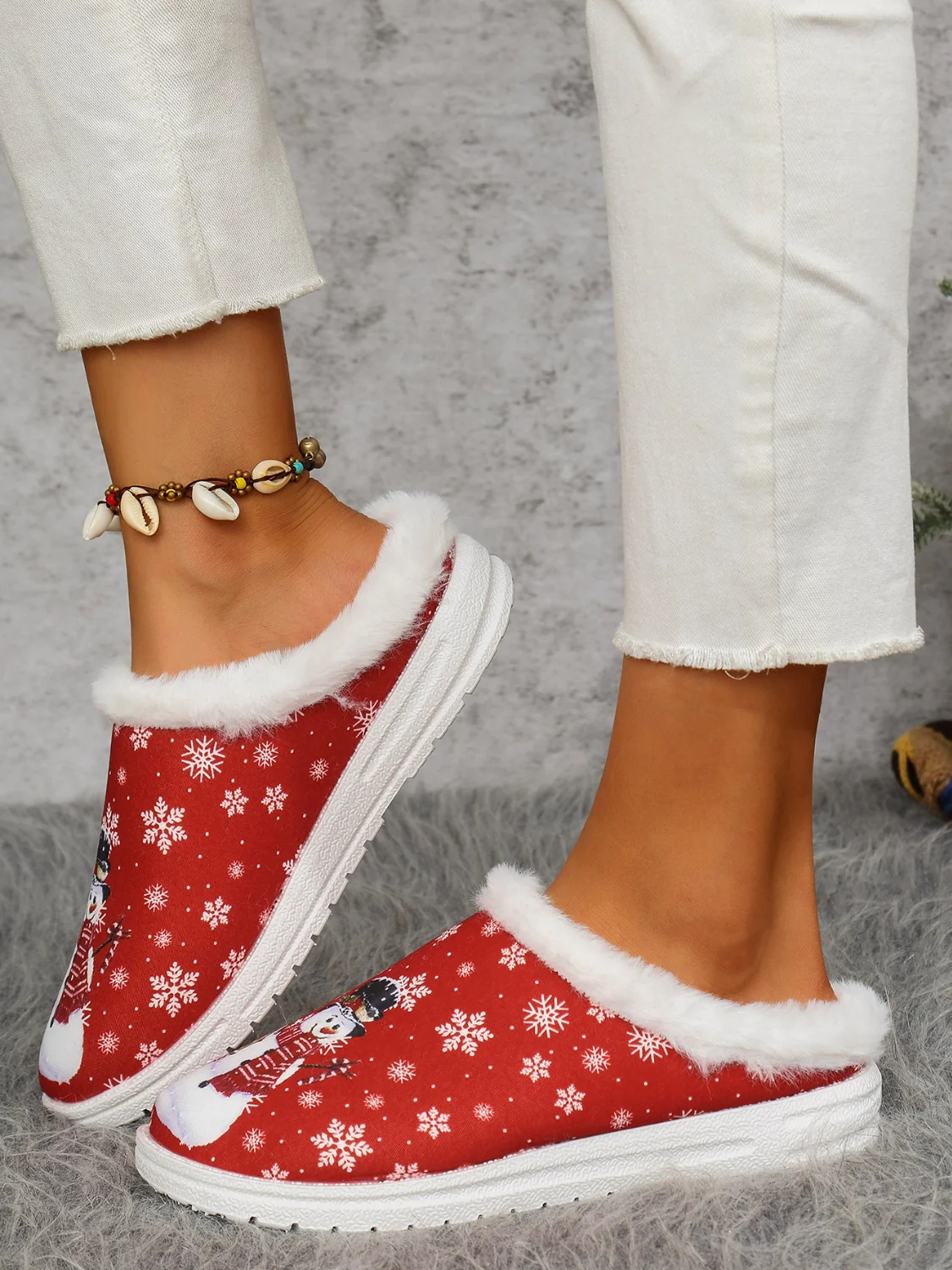 Snowman Print Flat Slippers with Faux Fur - Image 9