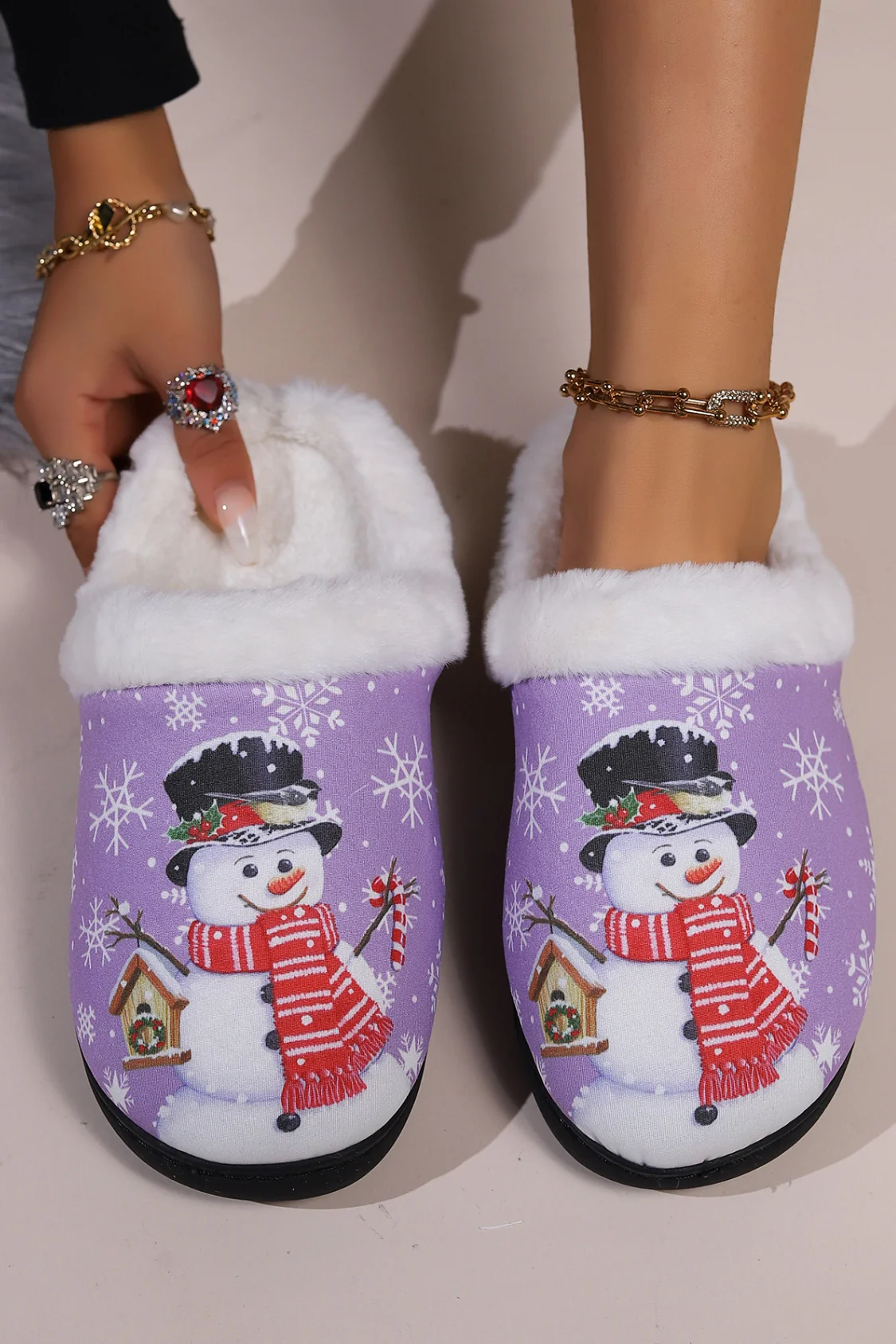 Snowman Round Toe Faux Fur Slippers - Image 12