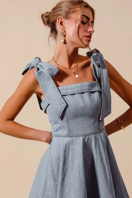 SO ME A Line Fit and Flare Diamond Bow Ribbon Denim Dres - Image 10