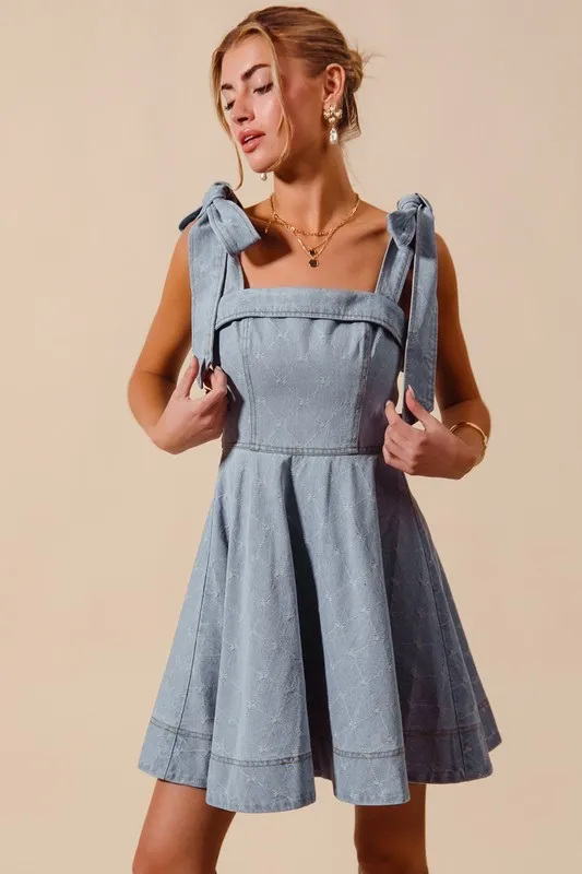 SO ME A Line Fit and Flare Diamond Bow Ribbon Denim Dres - Image 3