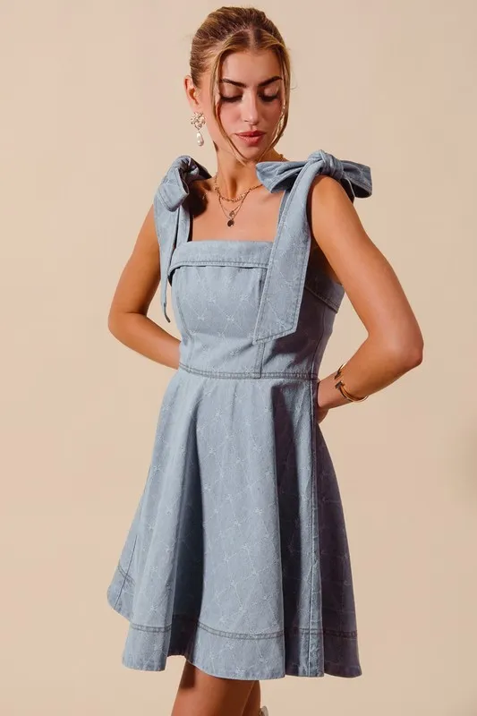 SO ME A Line Fit and Flare Diamond Bow Ribbon Denim Dres - Image 4