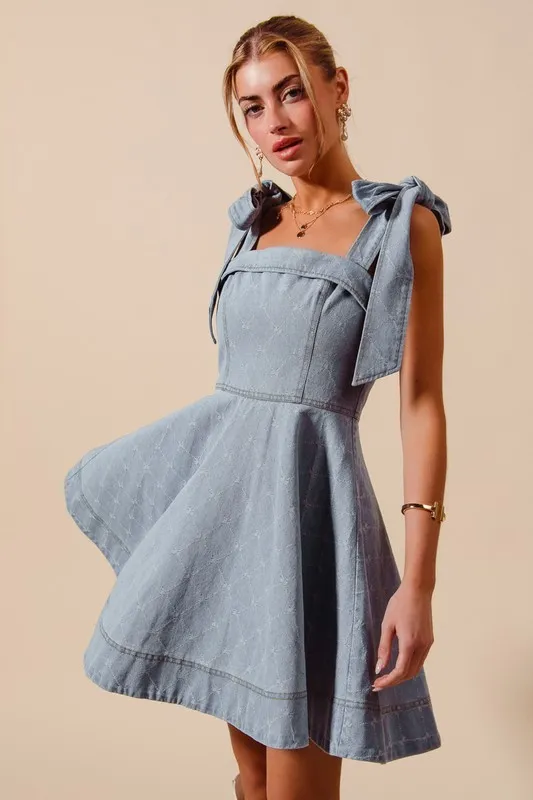 SO ME A Line Fit and Flare Diamond Bow Ribbon Denim Dres - Image 5