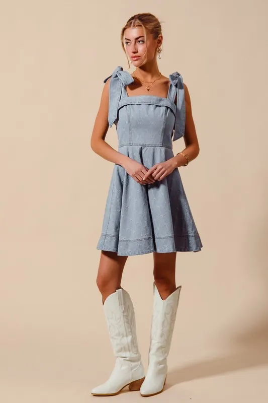 SO ME A Line Fit and Flare Diamond Bow Ribbon Denim Dres - Image 7