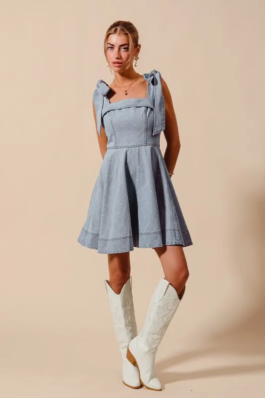 SO ME A Line Fit and Flare Diamond Bow Ribbon Denim Dres - Image 8