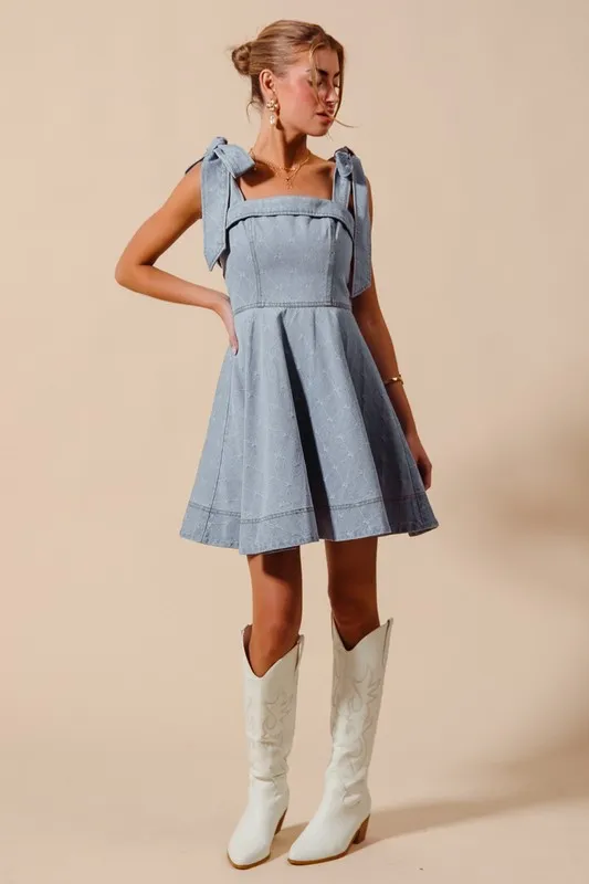 SO ME A Line Fit and Flare Diamond Bow Ribbon Denim Dres - Image 9