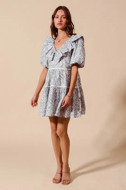 SO ME Cotton Printed Ruffle V Neckline Dress with Side Tie - Image 10