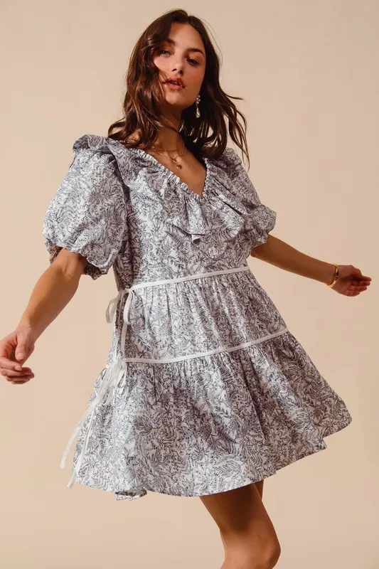 SO ME Cotton Printed Ruffle V Neckline Dress with Side Tie - Image 9