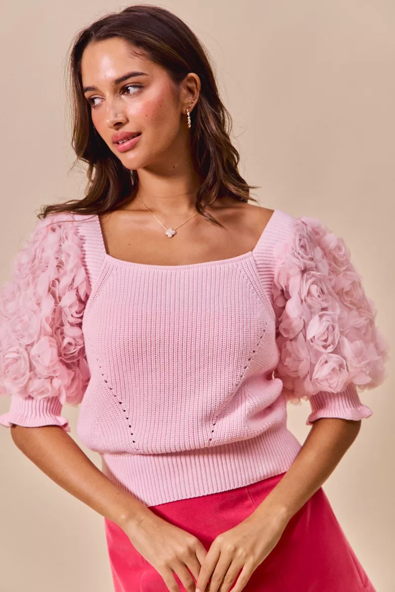 SO ME Rosette Sleeves Square Neck Sweater Knit Top - Image 11