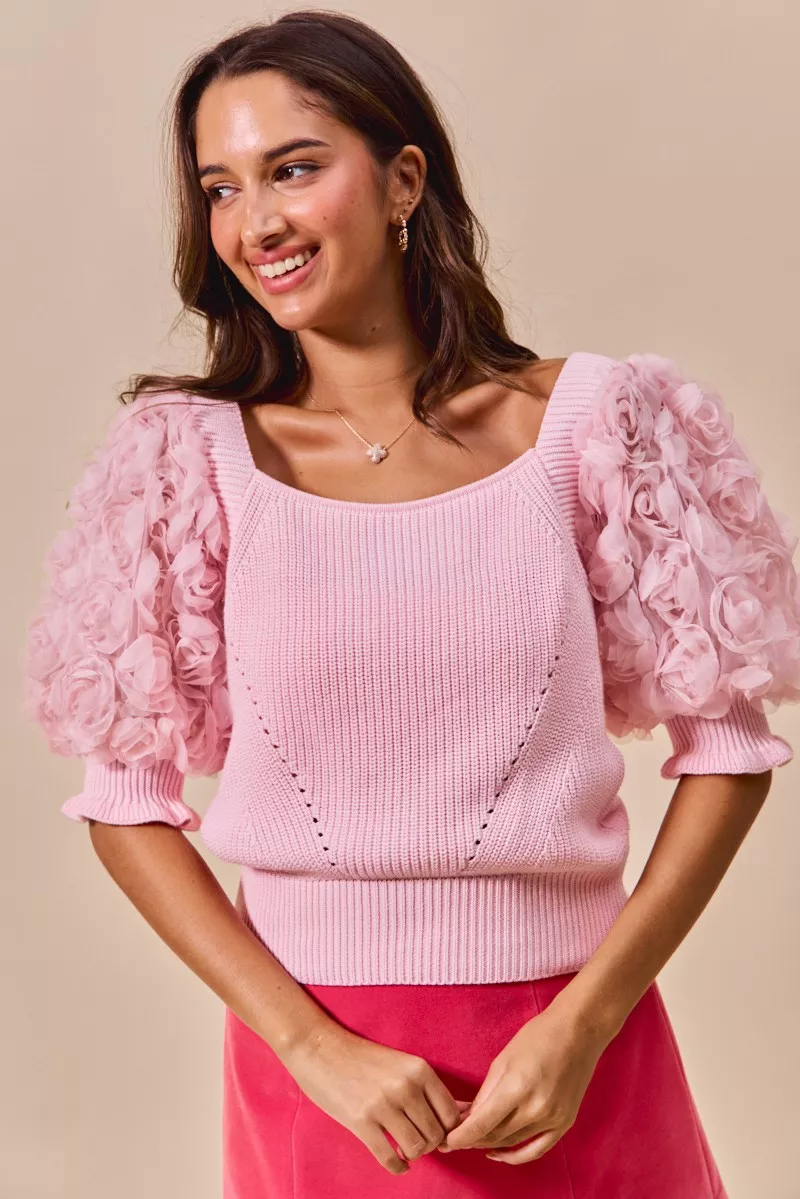 SO ME Rosette Sleeves Square Neck Sweater Knit Top - Image 2