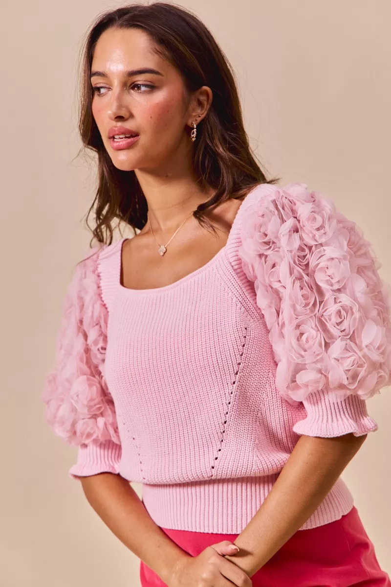 SO ME Rosette Sleeves Square Neck Sweater Knit Top - Image 7