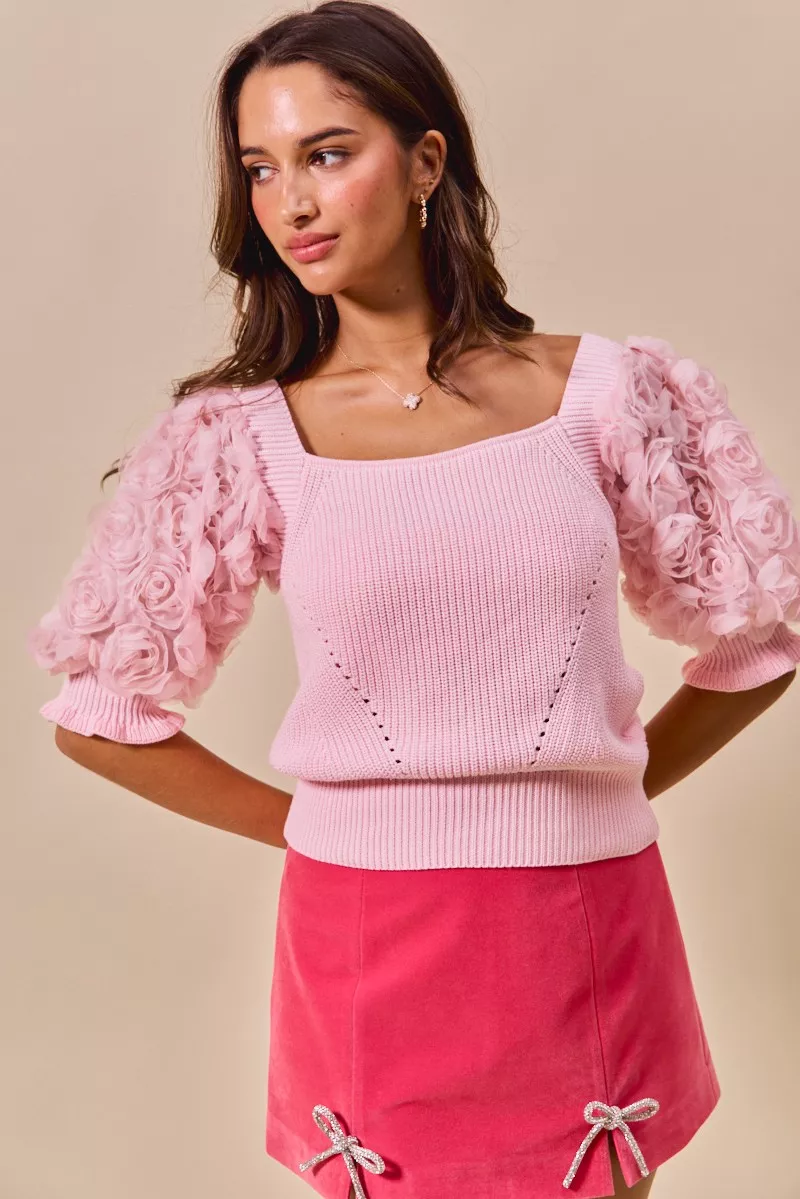 SO ME Rosette Sleeves Square Neck Sweater Knit Top - Image 8