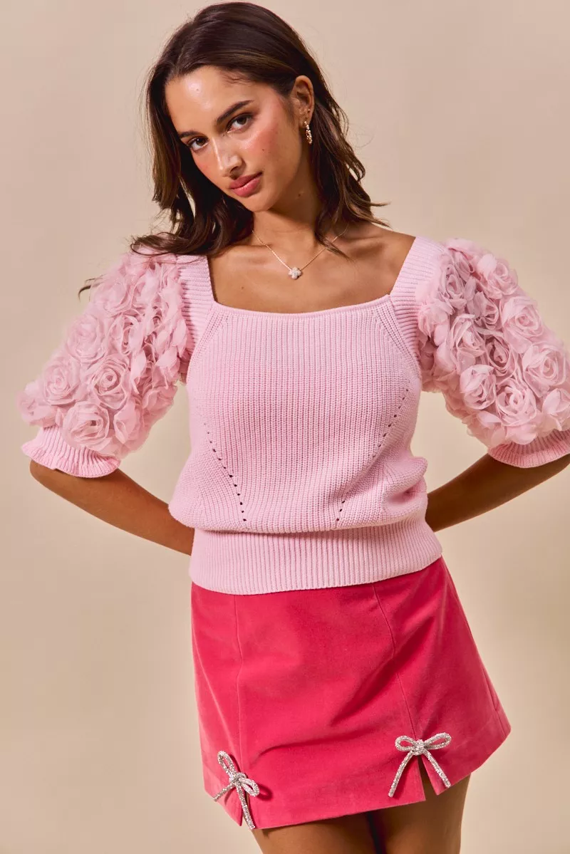 SO ME Rosette Sleeves Square Neck Sweater Knit Top - Image 9