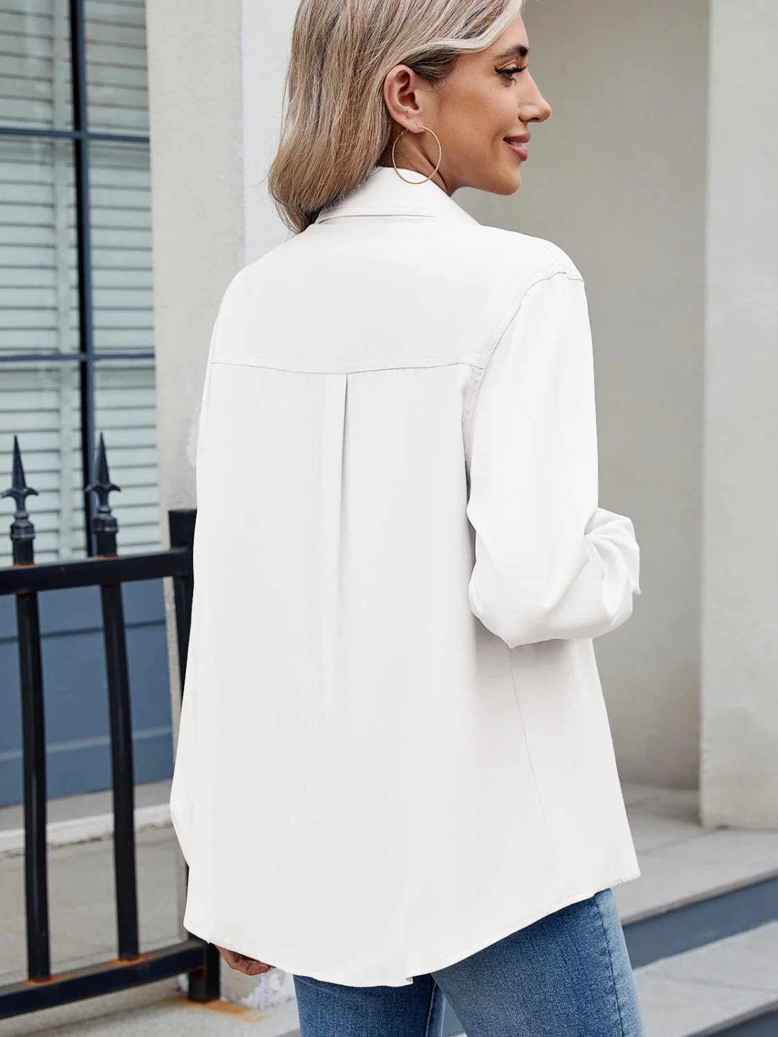 Solid Color Collared Neck Long Sleeve Shirt - Image 15