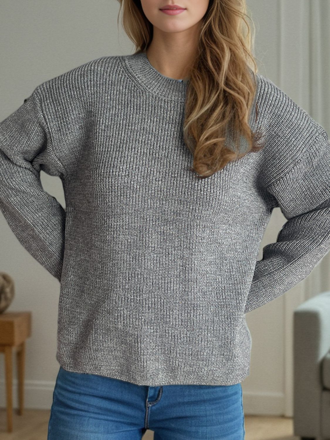 Solid Color Round Neck Long Sleeve Sweater - Image 4