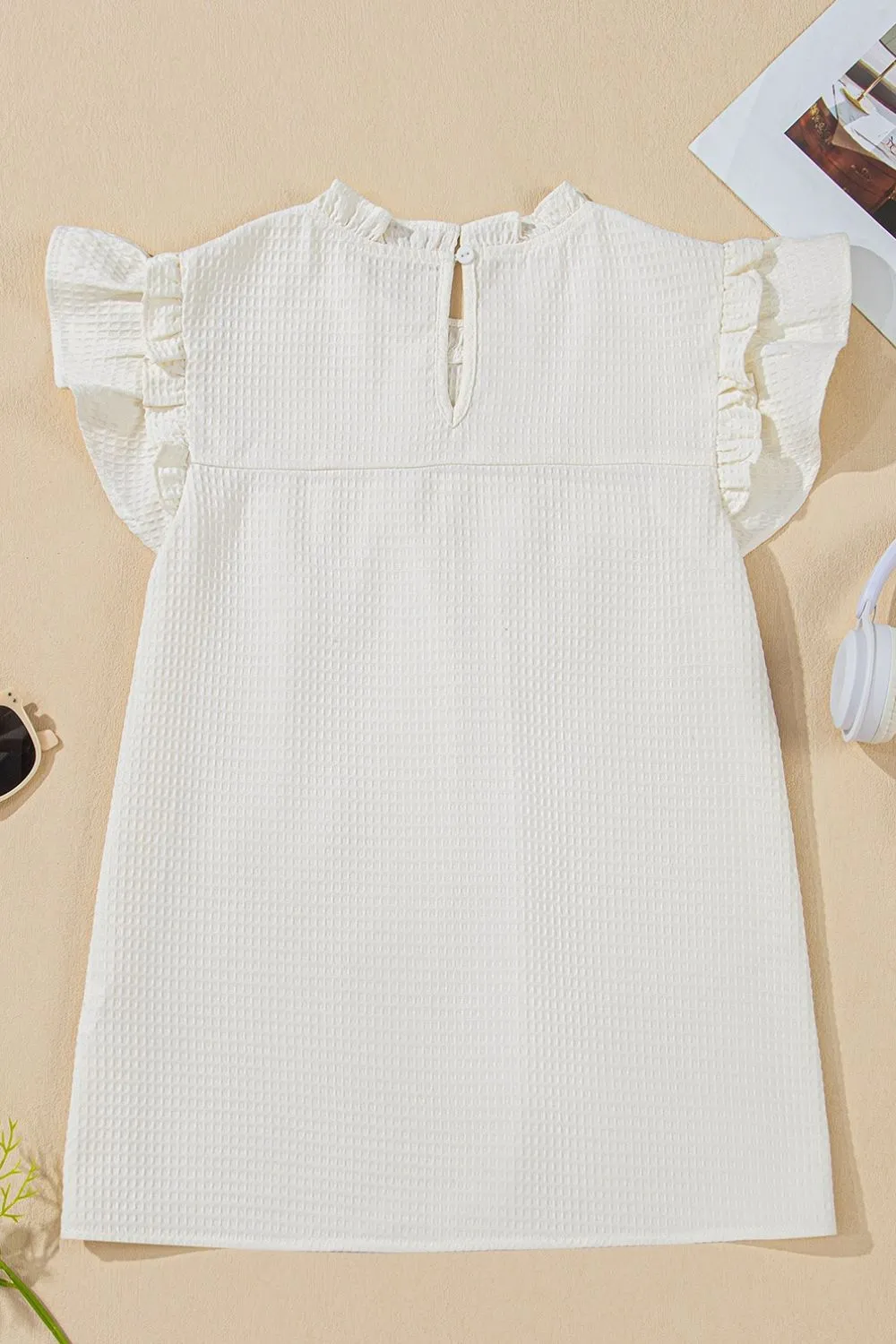Solid Color Ruffle Trim Waffle Knit Blouse - Image 4