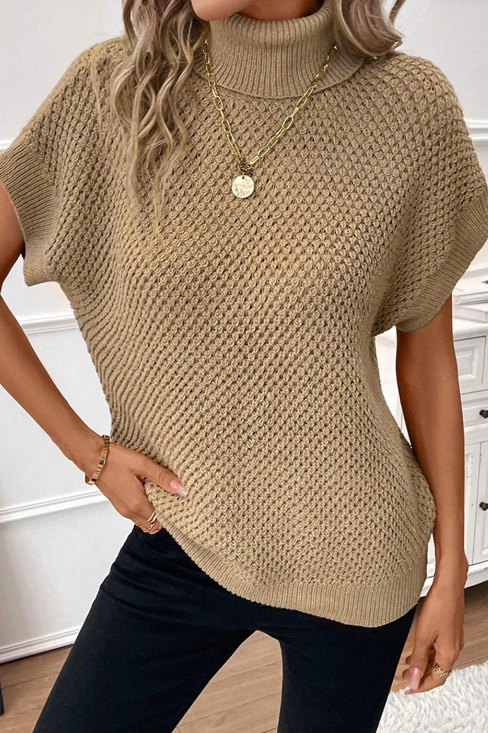 Solid Color Turtleneck Short Sleeve Sweater - Image 2