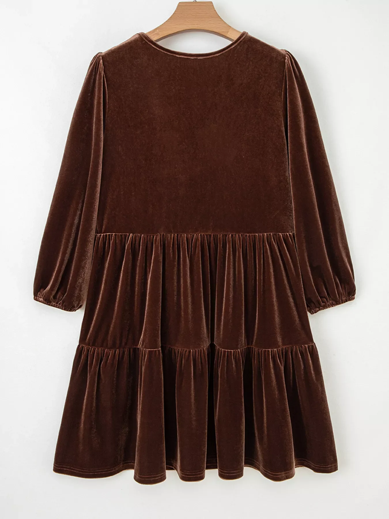 Solid Color Velvet V Neck Long Sleeve Tiered Mini Dress - Image 3